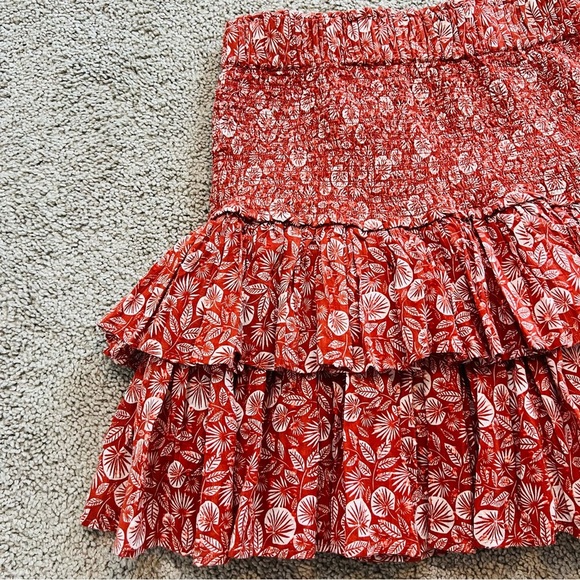 LOFT Palm-Printed Cotton Smocked Tiered Mini Skirt in Rich Chestnut. Size Small. - Picture 5 of 11